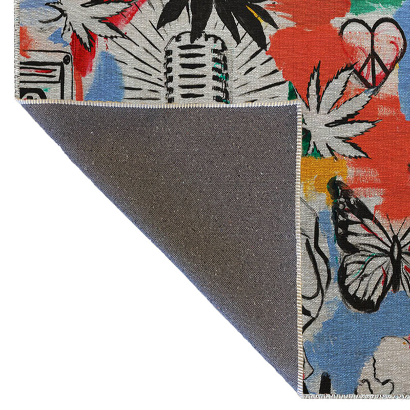 Tapis décoratif multicolore à motif abstrait de crâne rétro, œil et papillon, Rectangle 3 pi 3 po x 6 pi 6 po