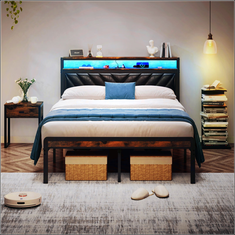 Full Size Metal Platform Bed Frame with Adjustable Upholstered Headboard