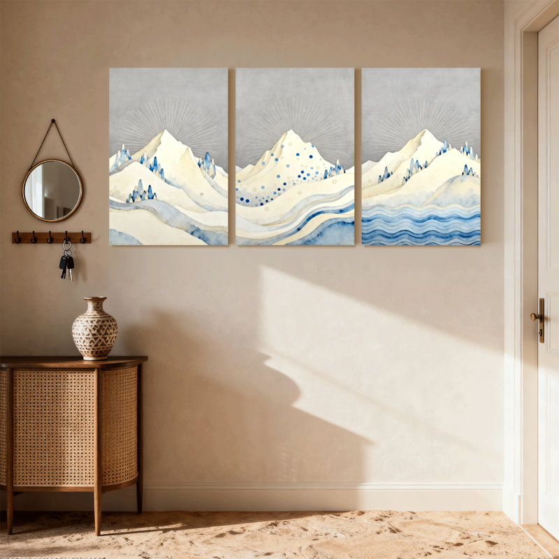 «Abstract Mountain Peaks Water Reflection Sky Light Blue Waves», ensemble de 3 impressions sur toile, H 24 po x l 48 po