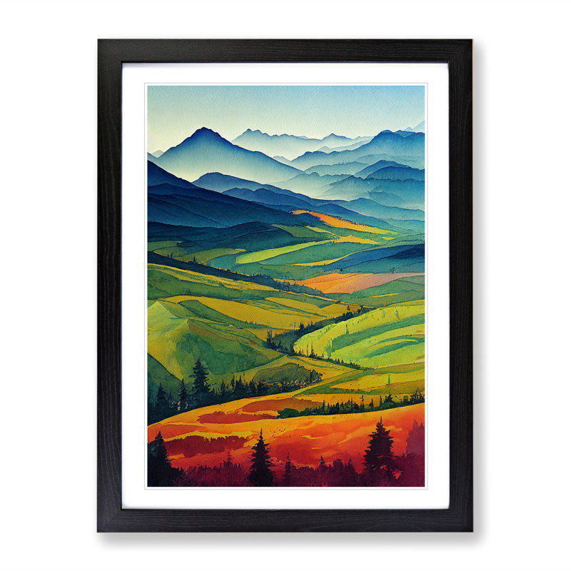 Watercolour Meadow Landscape No.1 - Wall Art, White, Black Frame, 64cm H x 46cm W