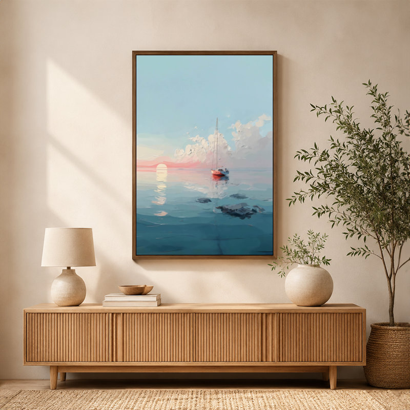 Voilier Calm Sea Sunset Pastel Hues, art mural sur toile avec cadre flottant, 8 x 12 po, Blanc
