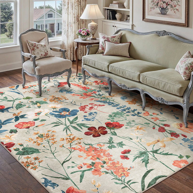 Tapis cerise lavable à la machine avec envers antidérapant, Rectangle 6 pi x 9 pi, Beige