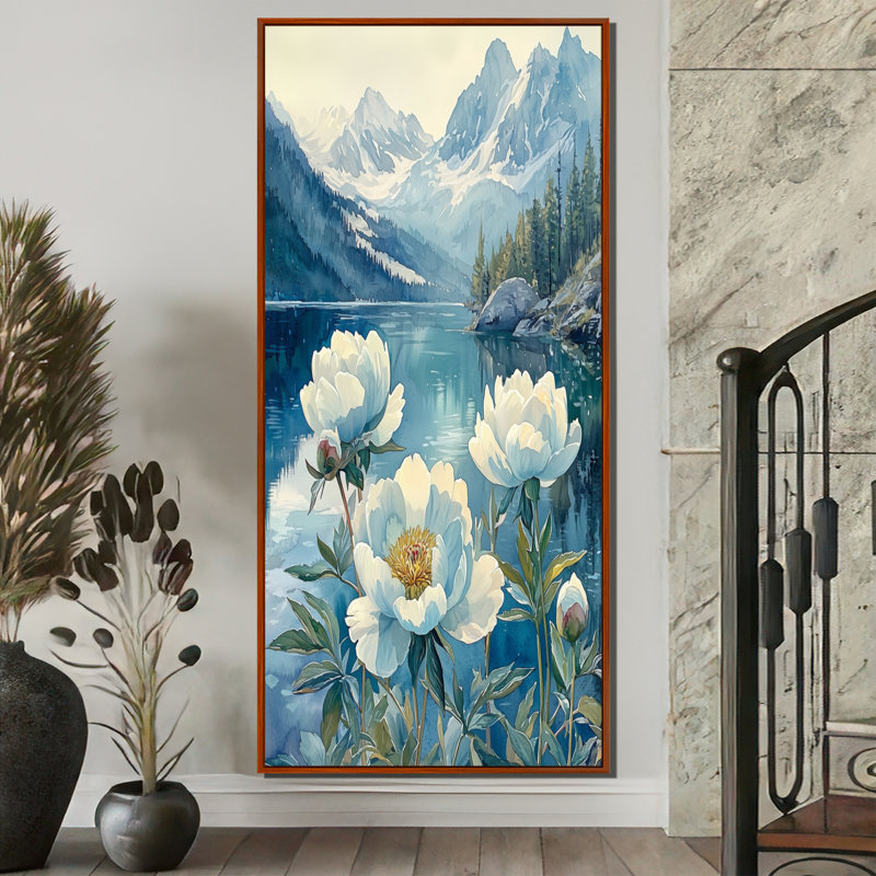 Pivoines au bord du lac de montagne en hiver II - pivoines, reproduction sur toile, H 60 po x l 28 po, Brun
