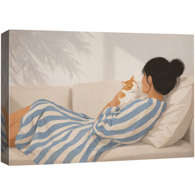 Cozy Woman With Cat Modern Figurative Artwork, Bedroom Room Pictures, Framed Canvas Giclee Print Wall Art