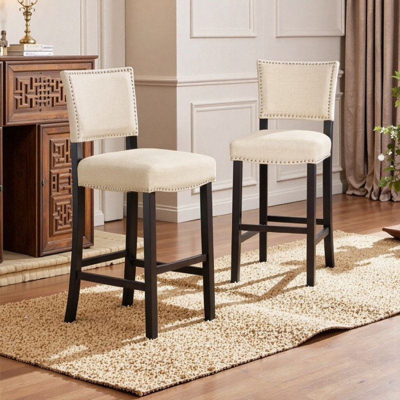 Ensemble de 2 tabourets de bar rembourrés avec structure en bois et coussins en tissu éponge