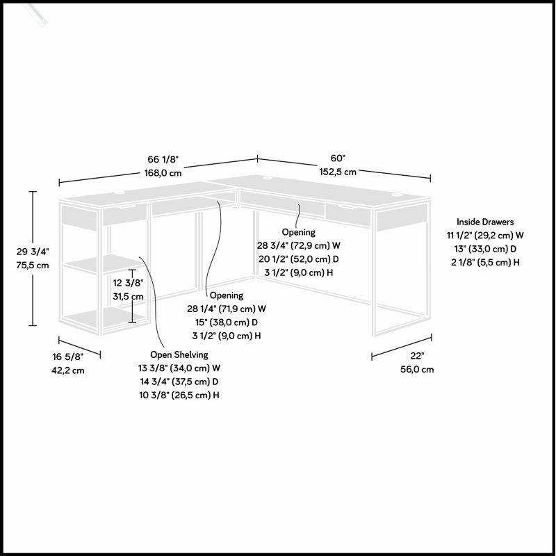 Bureau spacieux en forme de L avec bibliothèque à cinq tablettes, idéal pour le bureau à domicile et le bureau, maximisant l'espace de travail et le rangement.