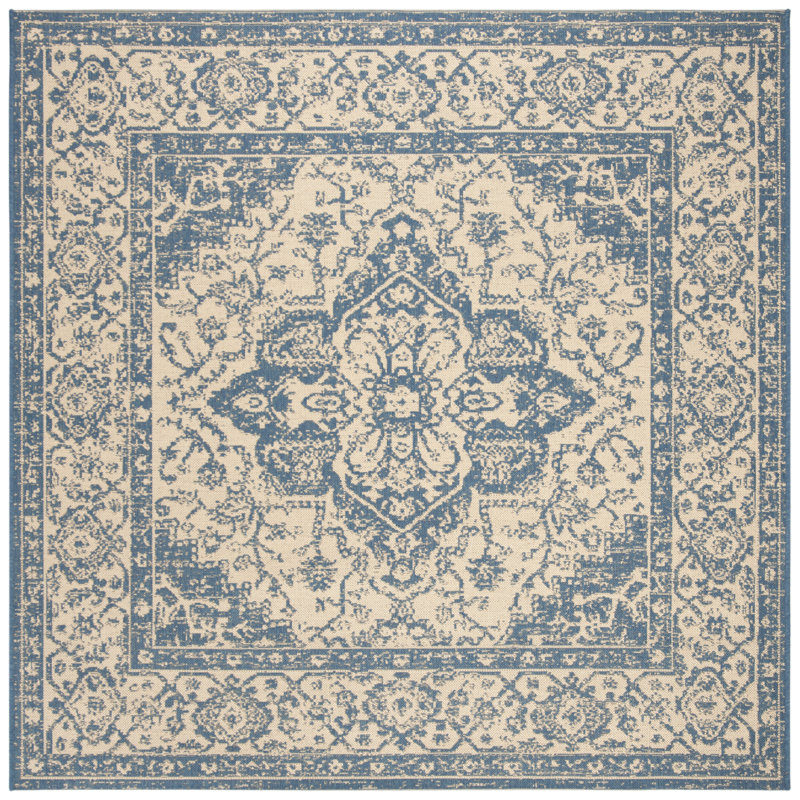 Girard Hooked Cream/Blue Indoor/Outdoor Rug, Square 201 cm