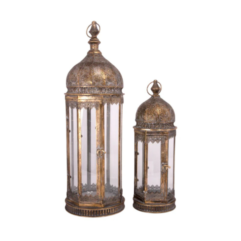 Iron Glass Metal Lantern Antique Gold, Antique Gold, 28.25" H x 9.25" W x 9.25" D