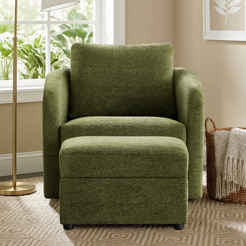 33" W Modern Upholstered Swivel Armchair With Ottoman, Green