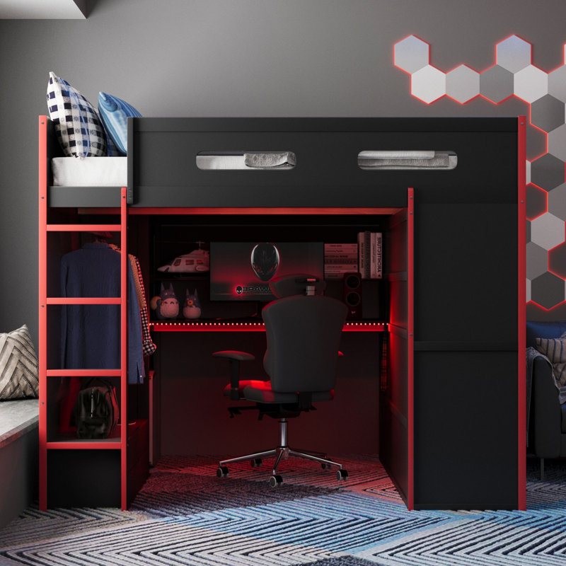 Lit mezzanine double en bois avec bureau, Rouge