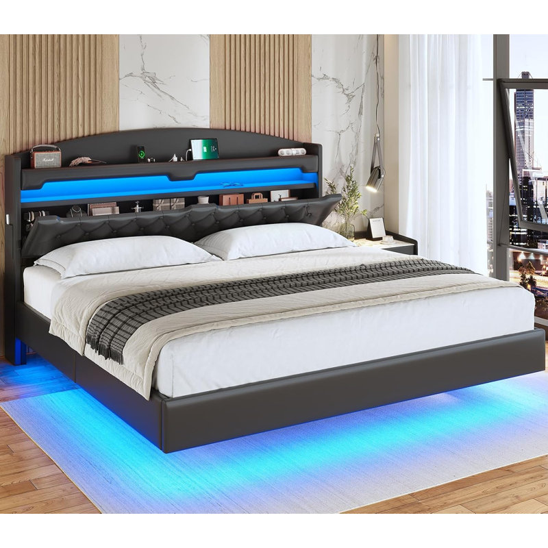Floating Bed Frame King With Hidden Storage Headboard, Floating Led Bed Frame With Charging Station, Upholstered Leather Platform Bed With Storage