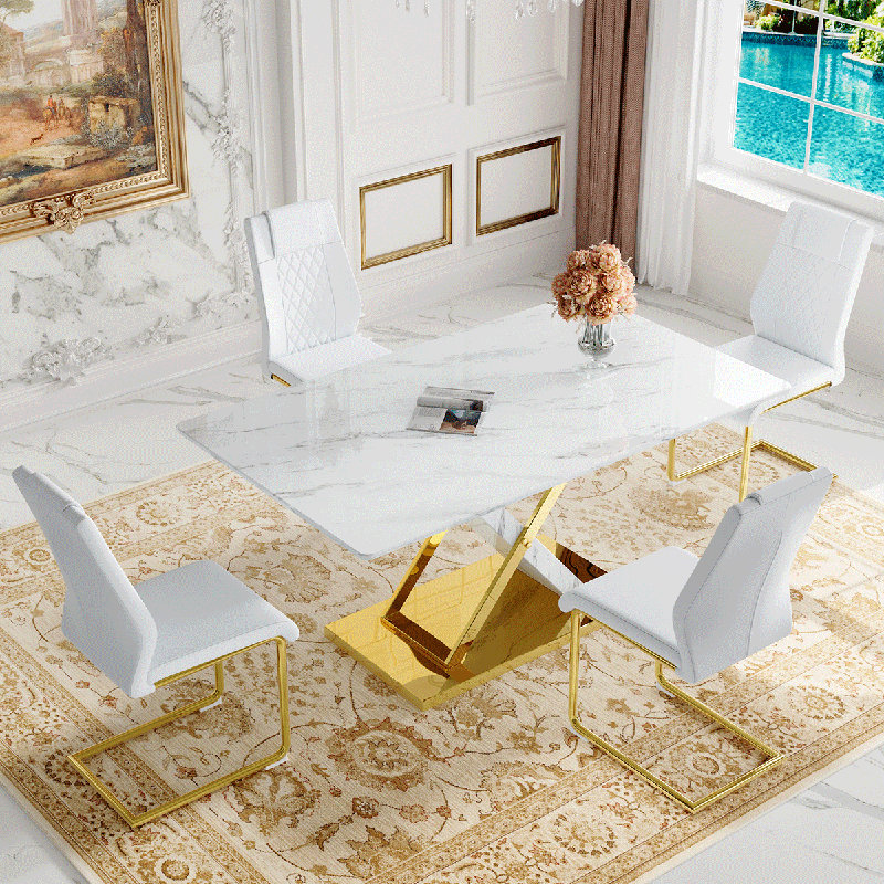 Ensemble de table de salle à manger en marbre Marble, 5 pièces: table, 4 chaises, Blanc, Doré
