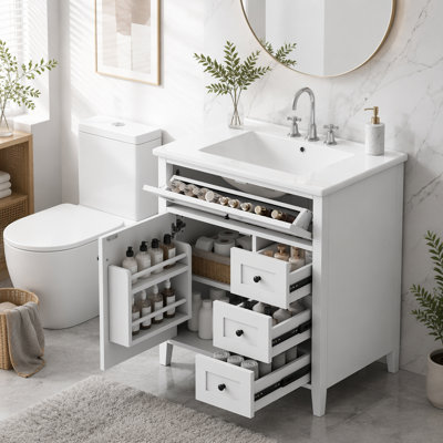Bathroom Vanity with Sink, Modern MDF and Rubberwood Cabinet, 3 Drawers, Adjustable Shelf