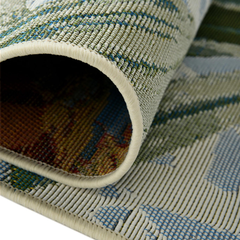 Blue Floral Tropical Birds Stain-Resistant Synthetic Rug, 10' x 12'