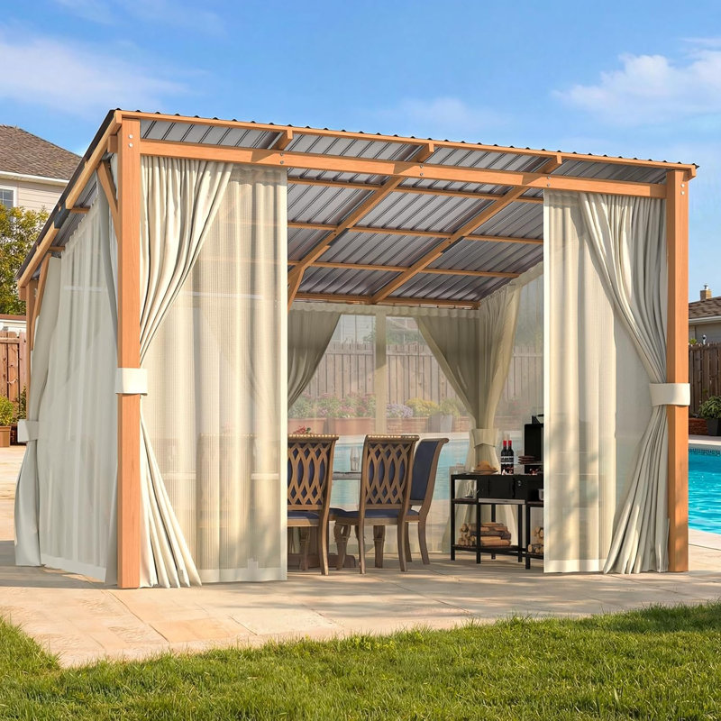 Pavillon de jardin extérieur en bois avec rideaux et filet pour terrasse, 96.5" H x 142.5" W x 110" D