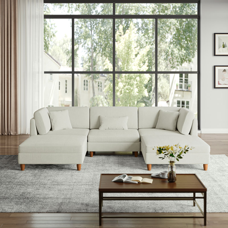 Seemab 5 - Piece Upholstered Beige Corduroy Modular Sectional with Pillow Back and Removable Ottoman, Beige