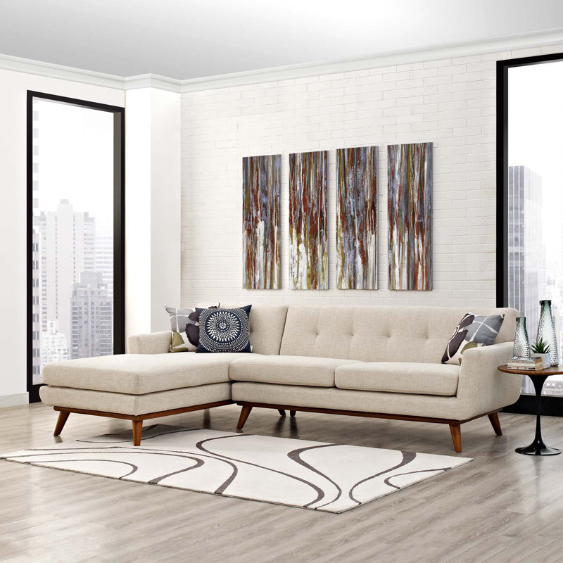 Engage Mid Century Modern Tufted Sectional, Beige Polyester Blend, Left Hand Facing