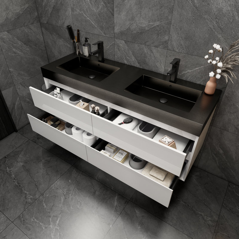 Ensemble de meuble-lavabo double mural 59 po Golitz, Blanc lustré