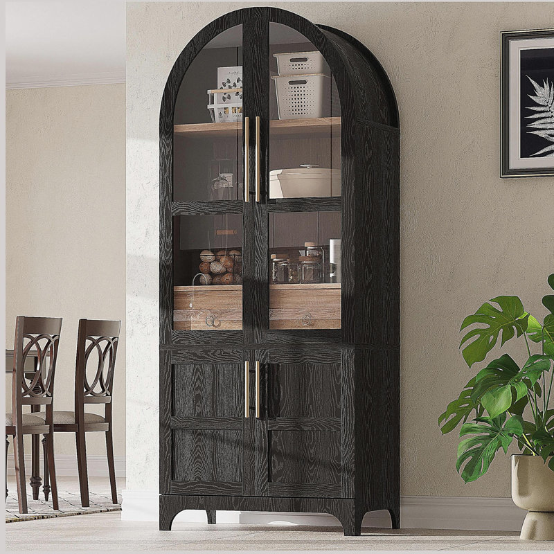 Armoire de rangement pour garde-manger avec tablettes réglables, tiroir dissimulé et porte vitrée, Noir