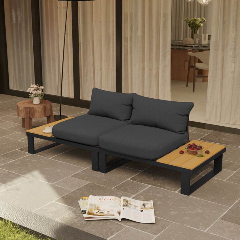 Antjelina 2 - Person Outdoor Loveseat with Cushions & Side Table, Black/Wood, Black