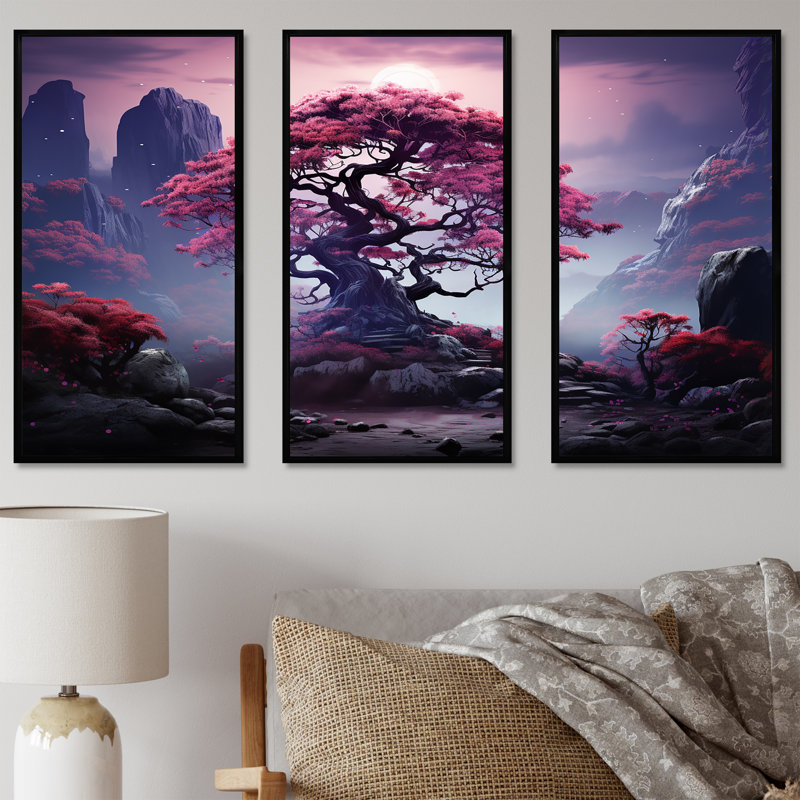 «Mystic Pink Trees In Amethyst Landscape III», ensemble d'art sur toile de séquoia, Cadre flottant noir