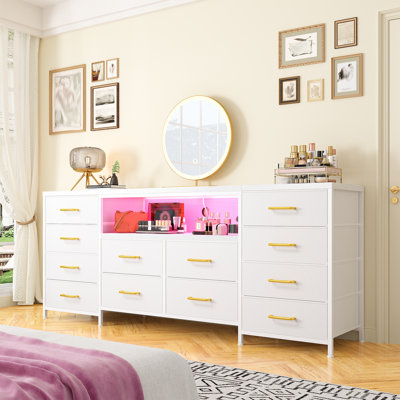 63.11" W 12  Fabric Drawer Dresser For Bedroom, Long Dressers Tv Stand Media Console With Led Lights & Power Outlets