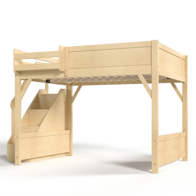 Lit mezzanine en bois moderne avec tiroirs de rangement et garde-robe, lit haut avec garde-corps de sécurité et escalier facile à monter