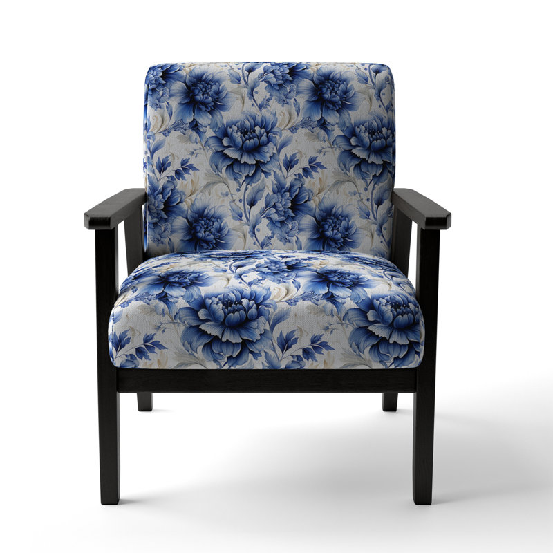 Chaise avec accoudoirs rembourrée en velours beige et bleu Damas Dahlia II