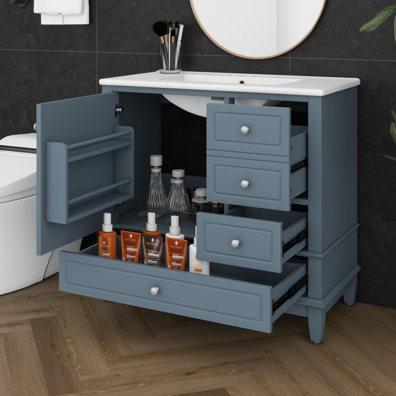 Meuble-lavabo sur pied 36 po avec lavabo en céramique, panneau de fibres à densité moyenne et base en bois massif, 3 tiroirs et tablettes