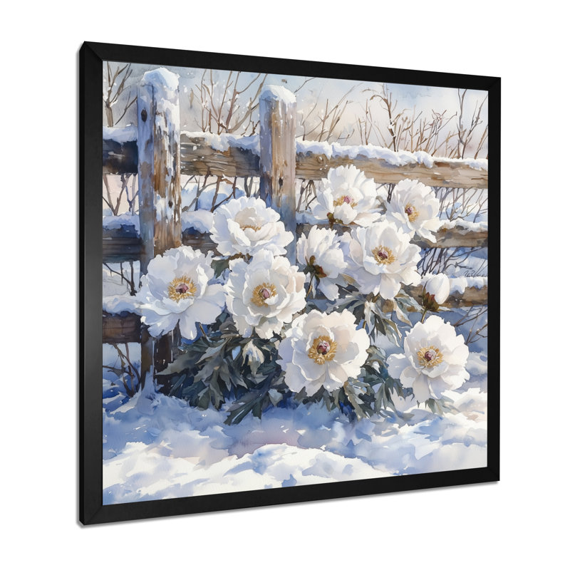 Pivoines par la clôture de la ferme enneigée II - pivoines, art mural, Reproduction encadrée d'une seule photo