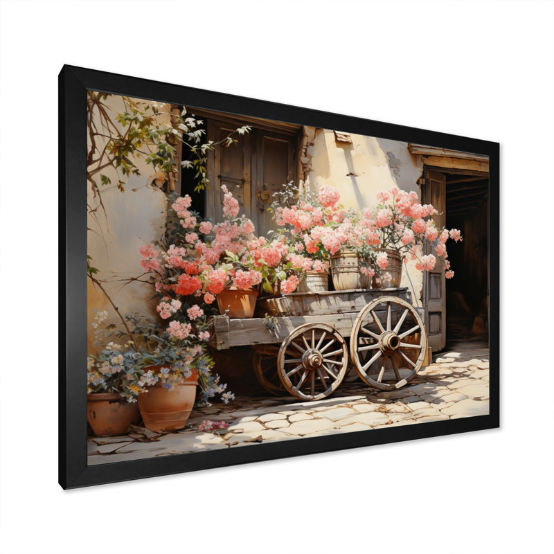 Vieille roue de chariot rose sur toile, H 12 po x l 20 po x P 1 po, Cadre photo noir