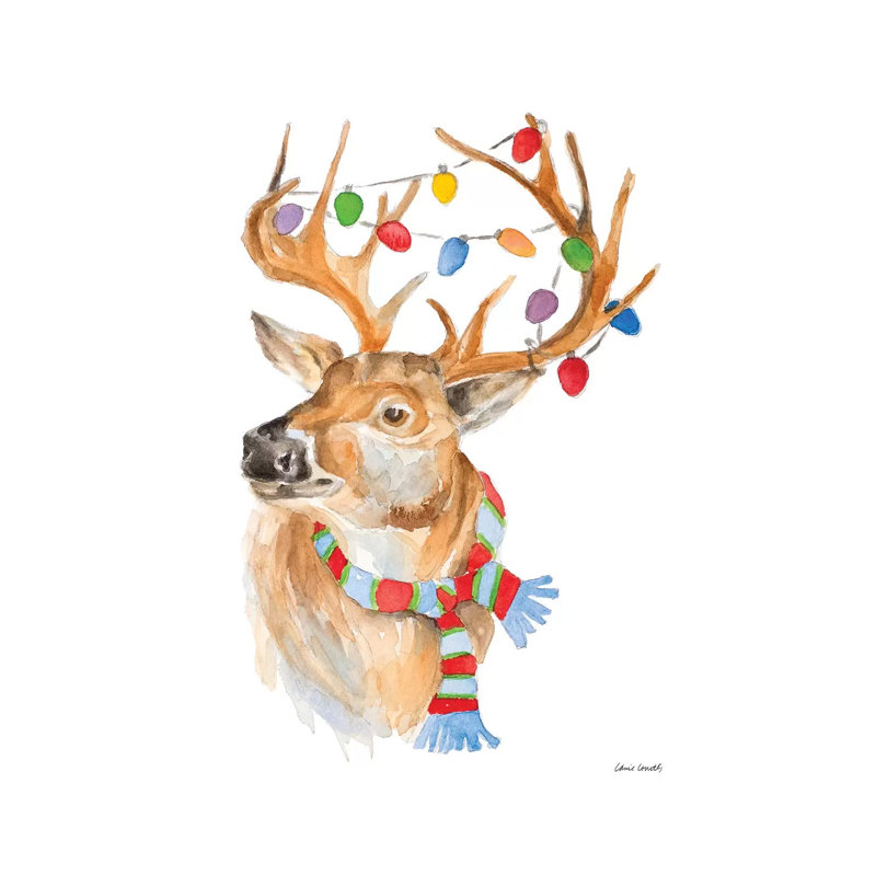 «Deer with Lights and Scarf» par Lanie Loreth - peinture sur toile tendue, H 12 po x l 8 po x P 0,75 po