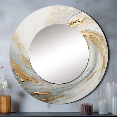 Vortex doré doré et blanc Vortex IV - miroir décoratif abstrait spirales, grand miroir rond beige, impression d'art en métal
