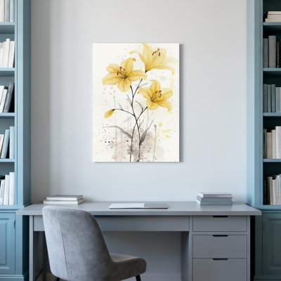Yellow Lily Floral Watercolor Canvas Wrapped Wall Art Oil Painting Print Set Of 1