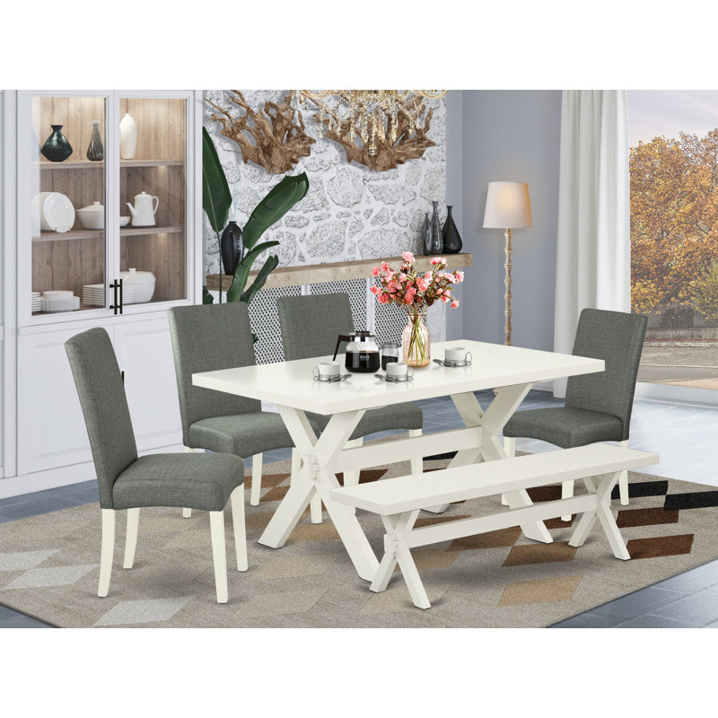 L'ensemble de 6 pièces de table de salle à manger moderne contient une table rectangulaire en bois avec des pieds en X et 4 chaises Parson en tissu de lin gris avec un banc, lin blanc