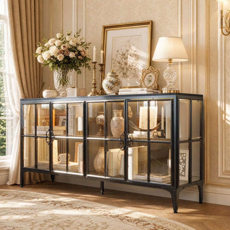 Modern Glass Display Cabinet with LED Lights, 4-Door Accent Cabinet for Collectibles, Home Decor and Dining Room Storage