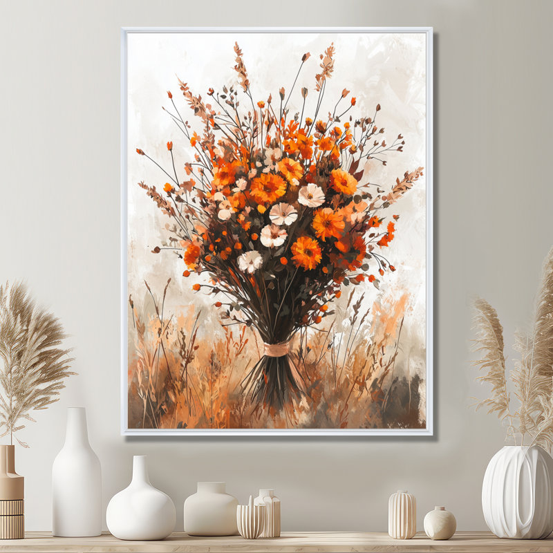 Bouquets d'automne assortis - Décoration murale bouquets assortis, H 40 po x l 30 po, Reproduction avec cadre flottant, Blanc