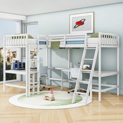 Twin & Twin Wood L-Shaped Loft Bed With 2 Built-In Desks by Harriet Bee