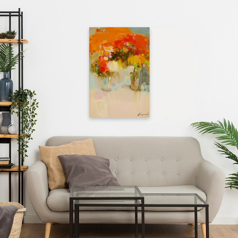 Vase de fleurs jaunes 2, art floral abstrait, H 24 po x l 16 po