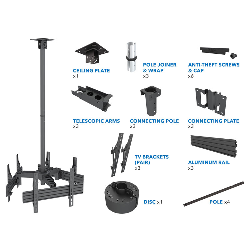 Mount-It Adjustable Triple Screen TV Ceiling Mount | Multi-Display Commercial Grade Ceiling Bracket