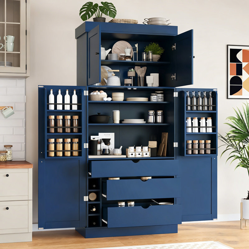 77'' Tall Freestanding Kitchen Pantry, 35''Lx17.7''W Modern Shaker Style Cupboard Storage Cabinet With Adjustable Shelves,Door Shelves, Drawers And Wine Racks