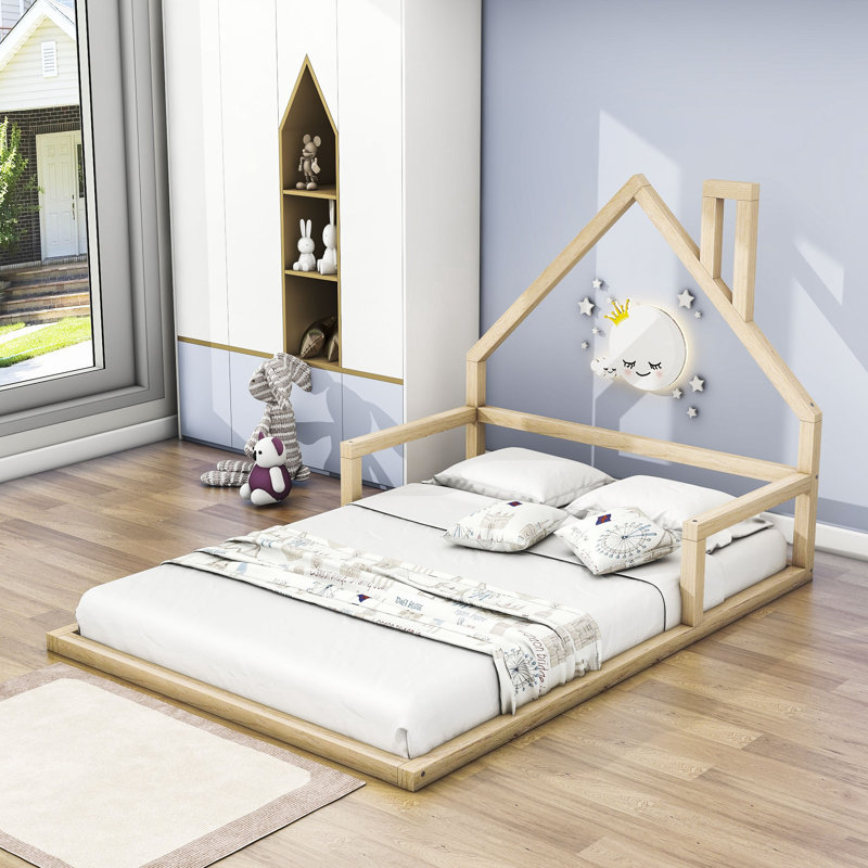 Lit plateforme double en bois avec toit amovible, Naturel