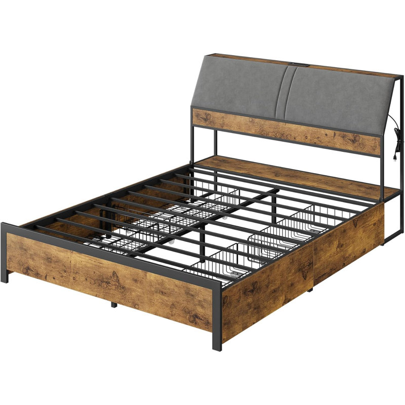Lit plateforme tapissier avec rangement, douille intégrée et lattes de bois, aucun sommier requis, Grand