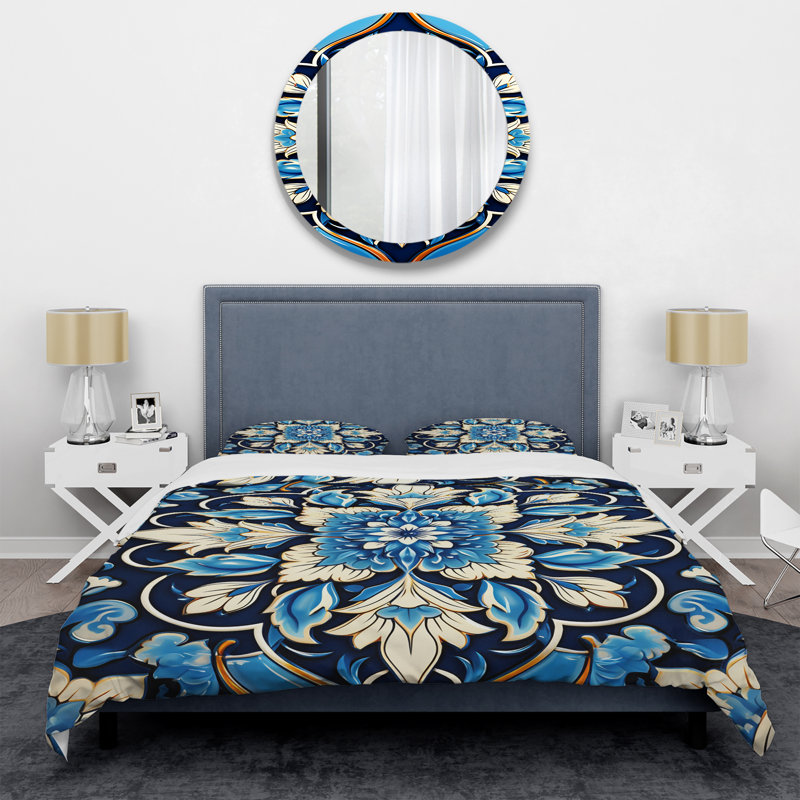 Abstract Blue and Whitefloral Motif - Ensemble de housse de couette à carreaux abstraits