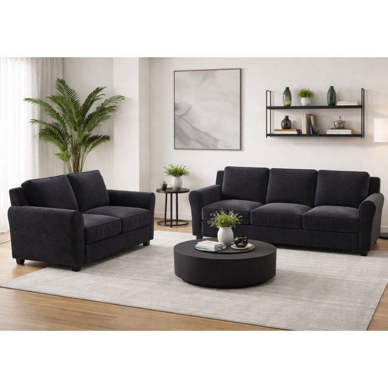 Ensemble de salon 2 pièces en tissu de flanelle moderne, Noir
