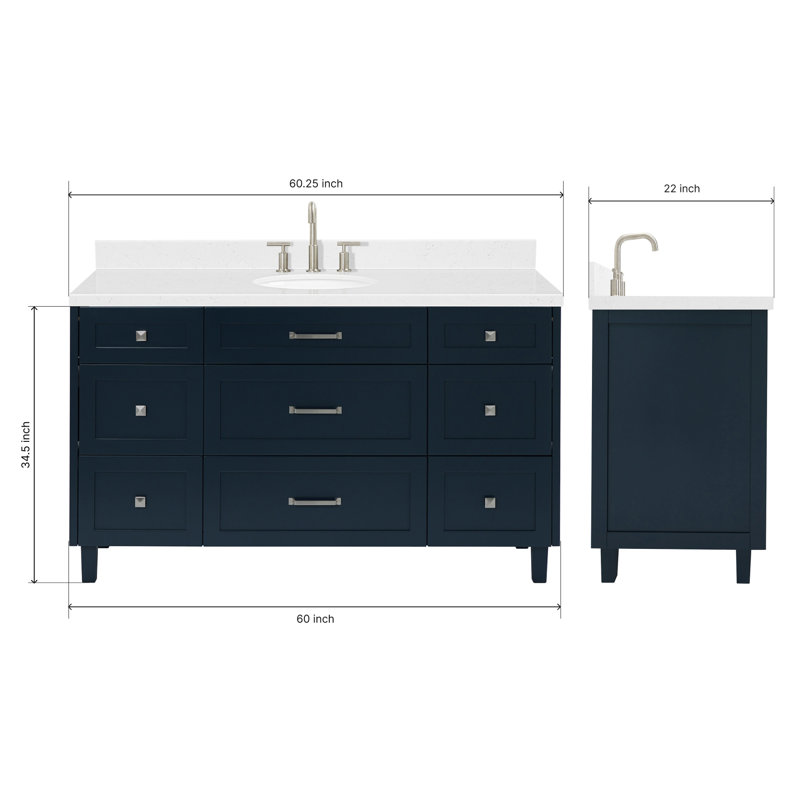 ARIEL Monroe 60 Single Sink Bathroom Vanity with Carrara Quartz Top, Midnight Blue