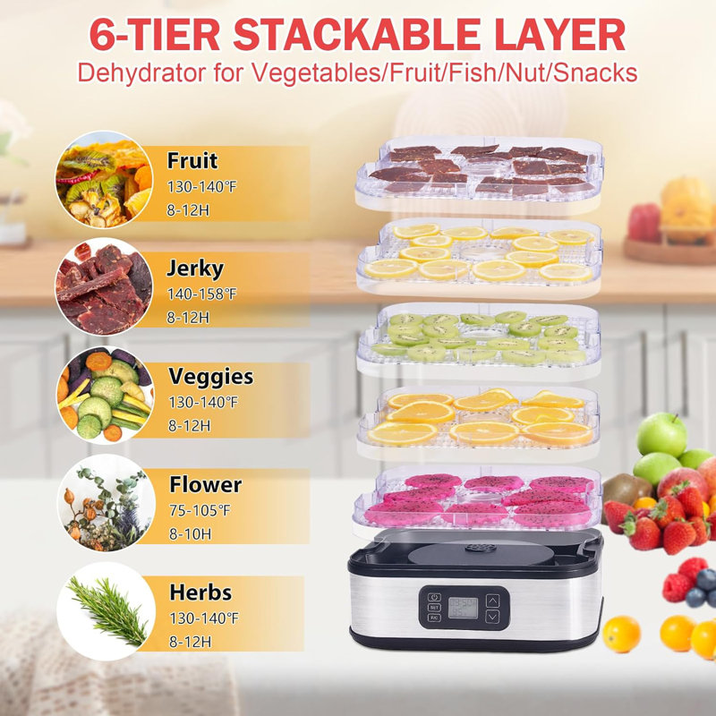 6-Tray Stainless Steel Food Dehydrator with Adjustable Timer and Thermostat