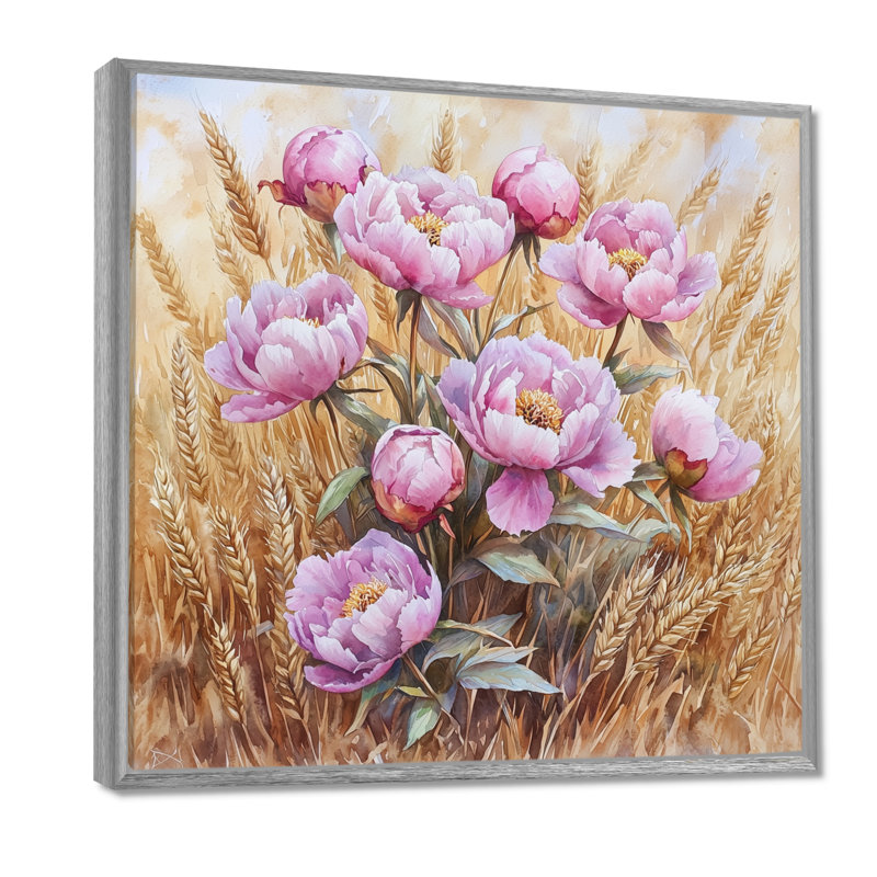 Pivoines dans le champ de blé II - décorations murales pivoines, H 36 po x l 36 po, Impression encadrée flottante