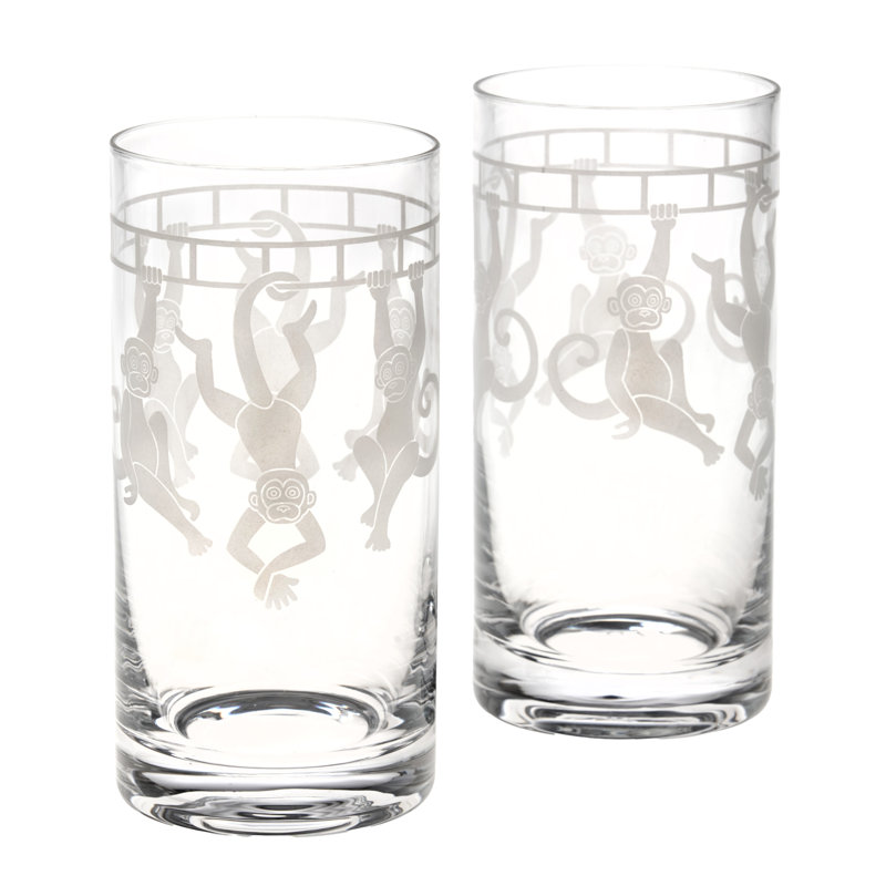 Handmade Clear Glass Highball Set with Monkey Design