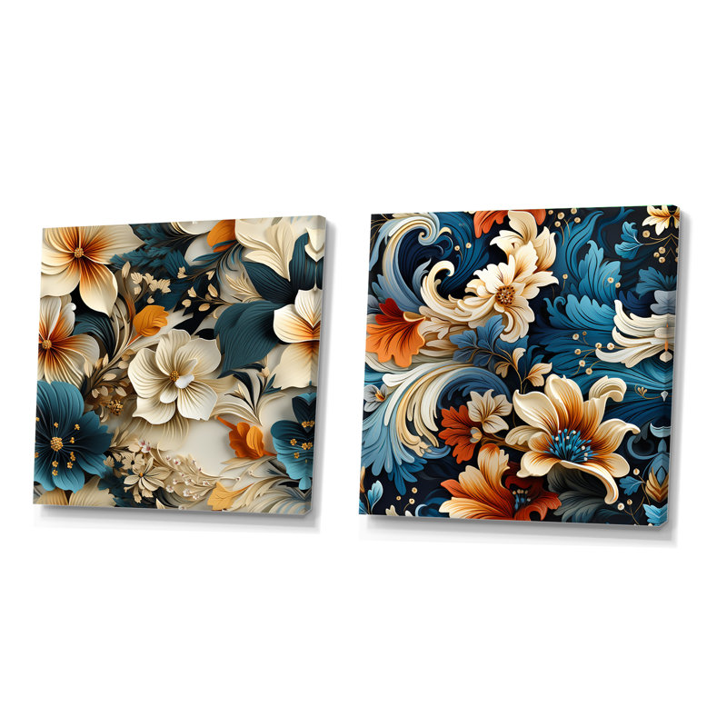 Vernita - Ensemble de 2 collages floraux et botaniques carrés, H 16 po x l 33 po, Toile tendue